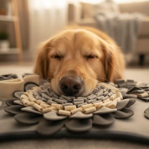 May include: A golden retriever dog resting its head on a gray and cream-colored pet mat. The mat has a flower-like design with layered petals. The dog's eyes are closed, and it appears to be sleeping peacefully.