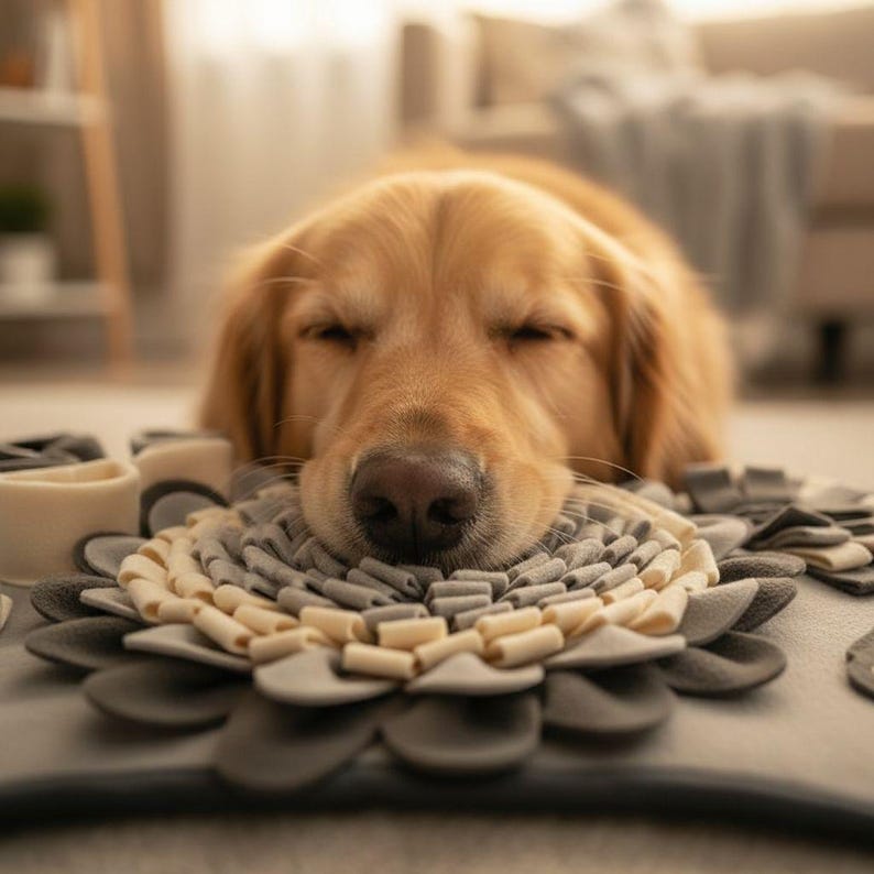 May include: A golden retriever dog resting its head on a gray and cream-colored pet mat. The mat has a flower-like design with layered petals. The dog's eyes are closed, and it appears to be sleeping peacefully.