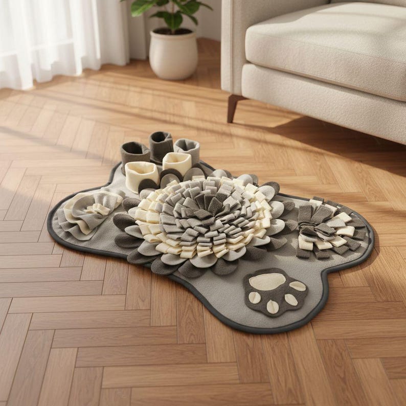 May include: A gray, paw-shaped dog puzzle mat with a dark gray border. The mat features a large, flower-shaped design in shades of gray and cream, along with several small, cup-like containers. A paw print is visible on the mat.