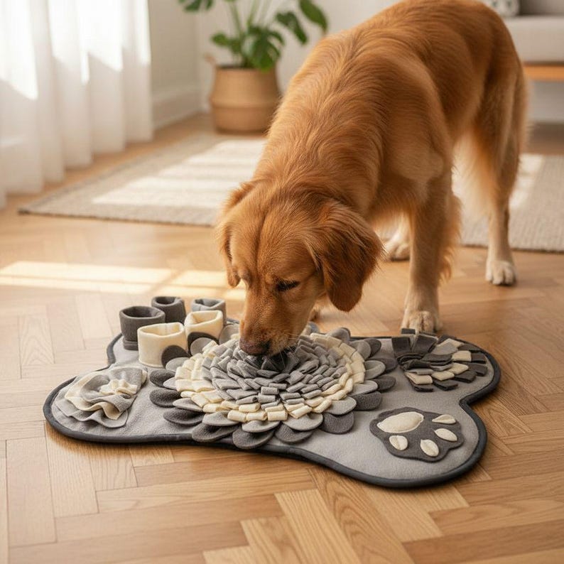 May include: A golden retriever dog interacting with a gray and beige dog puzzle mat. The mat is bone-shaped and features various textures and compartments for hiding treats. The dog is focused on the mat, sniffing and exploring.