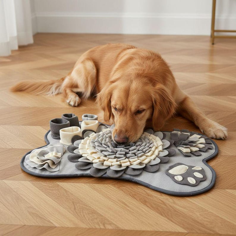 May include: A golden retriever dog interacting with a gray, bone-shaped dog puzzle mat. The mat features a flower design, paw prints, and various compartments in shades of gray and cream. The dog is focused on the mat.