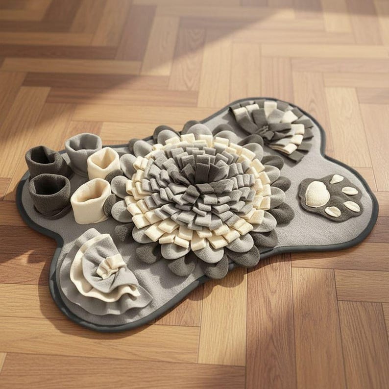 May include: A gray, bone-shaped dog puzzle mat with various textures and compartments. Features a large flower design in shades of gray and cream, along with smaller flower and paw print details. Includes multiple pockets and cups for treats.