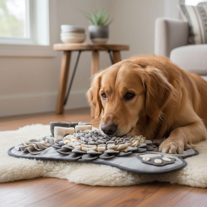 May include: A golden retriever lies near a gray and beige dog puzzle mat on a white rug. The mat has a flower-like design with various textures and shapes, and a paw print design. The dog appears to be interacting with the mat.