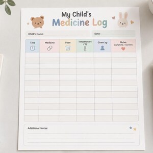 Peut inclure: Un formulaire papier imprimé intitulé My Child's Medicine Log avec des illustrations pastel d'un ours et d'un lapin. Le tableau comprend des colonnes pour l'heure, le médicament, la dose, la température, l'administrateur et des notes.