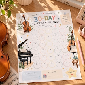 May include: A 30-day practice challenge chart printed on white paper featuring colorful illustrations of a violin, a grand piano, and a guitar. The chart includes numbered circles from 1 to 30, musical notes, and sections for practice goals and rewards.