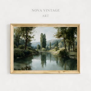 Impresión de paisaje de río vintage, arte mural con reflejos de árboles, decoración rústica de naturaleza campestre, descarga digital