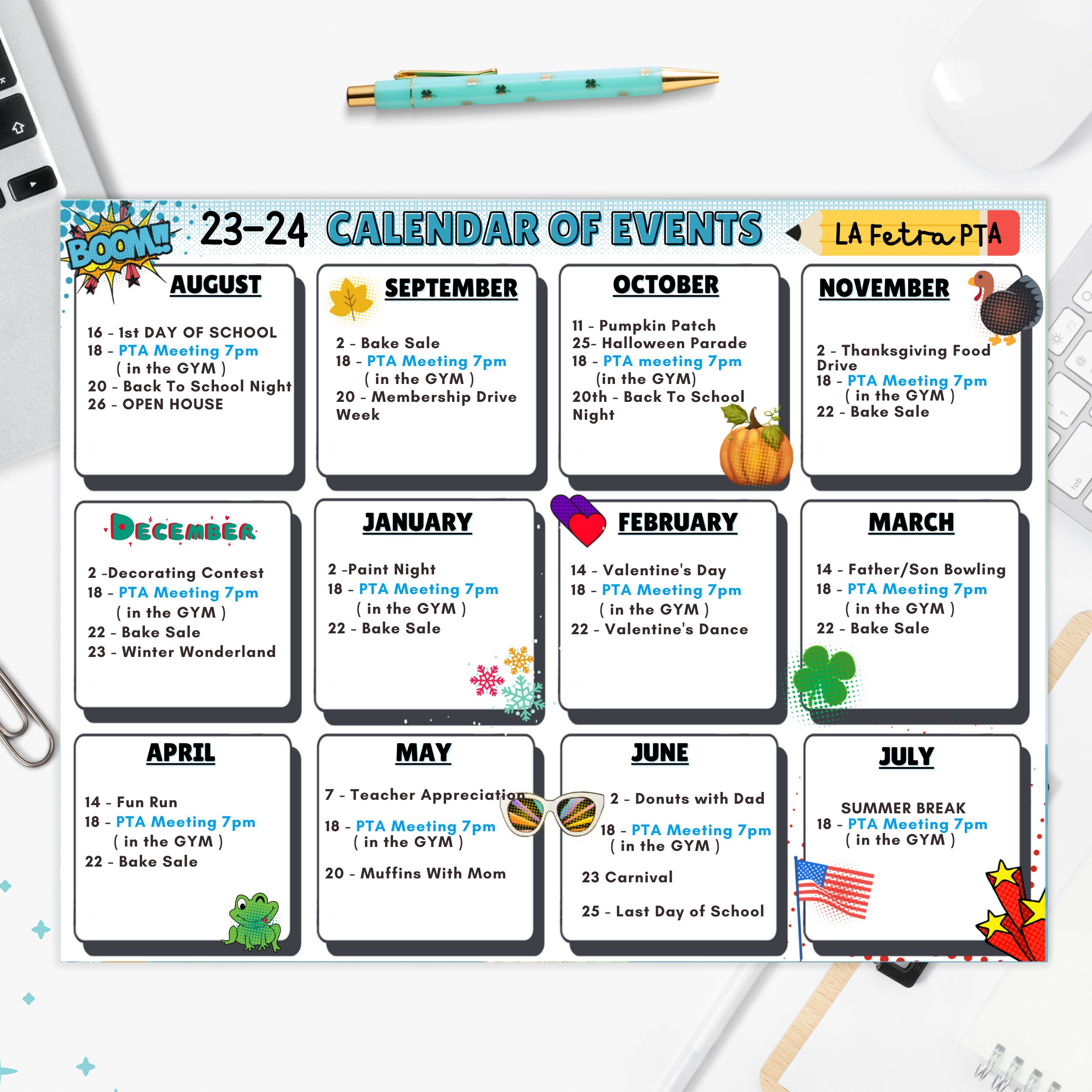 Editable Yearly PTO PTA Printable Calendars, Back to School, Undated