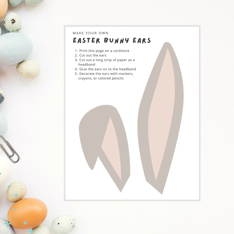 Puede incluir: Plantilla imprimible para hacer orejas de conejo de Pascua. La plantilla incluye dos orejas de conejo con una oreja interior rosa claro y una oreja exterior gris. Se incluyen instrucciones para cortar las orejas y la diadema y decorarlas con marcadores, crayones o l&aacute;pices de colores.