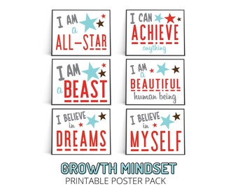 Growth Mindset Poster Pack, Positive Affirmations for Kids, Positive Classroom Art, Inspirational Prints, Homeschool, Teacher, Class Poster