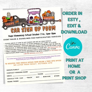 May include: Printable sign-up form for a Halloween Trunk or Treat event at Hope Elementary School. The form includes details about the event, rules for participating vehicles, and a contact person for questions. The form is decorated with a cartoon illustration of a car decorated for Halloween.