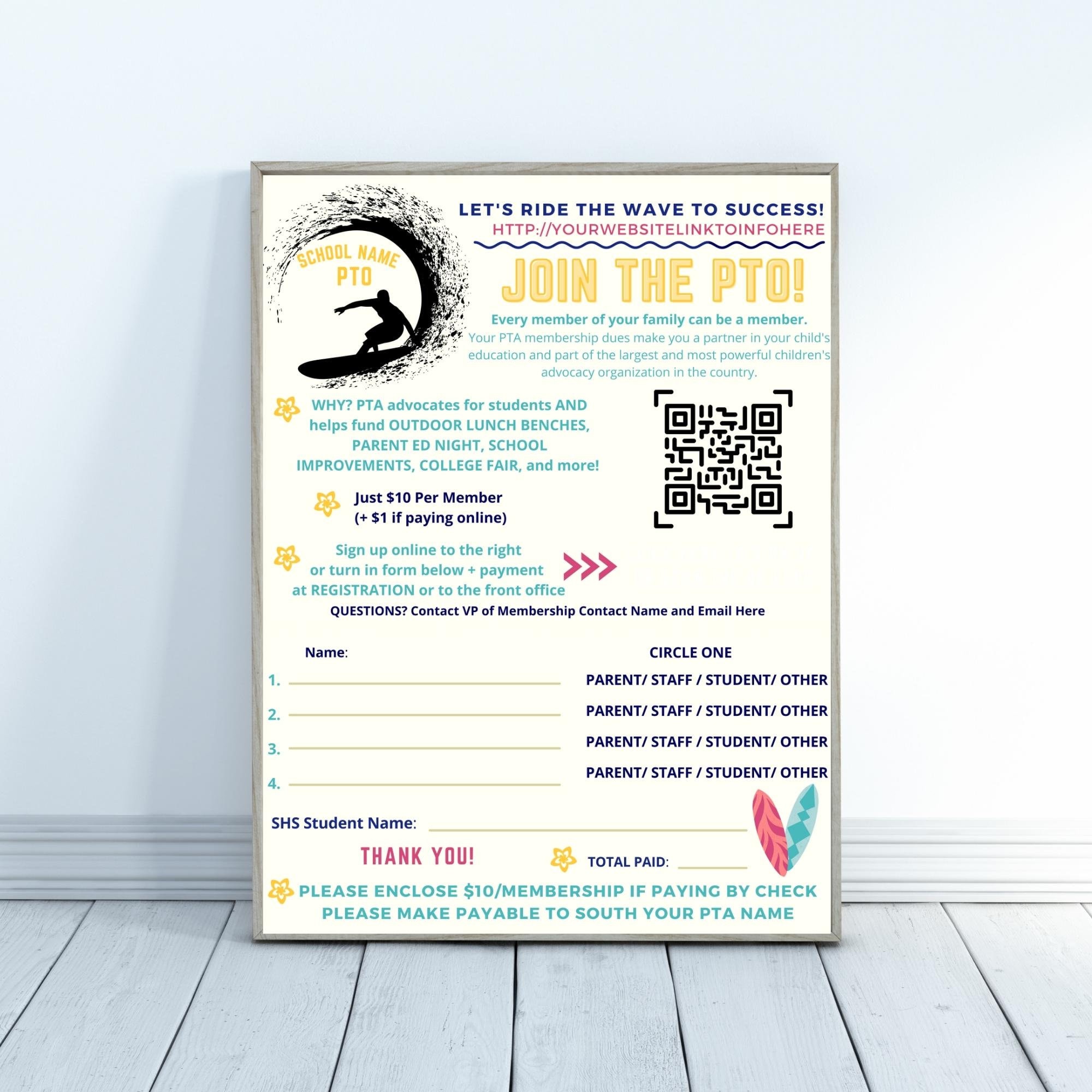 PTA Membership Form Template, PTO Membership, Editable Printable Handout, School Fundraiser ...