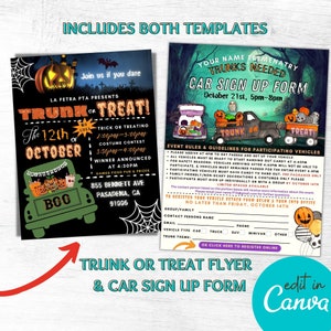 May include: Two Halloween-themed flyers. One is a "Trunk or Treat" event flyer with a pumpkin and spiderwebs. The other is a "Car Sign Up Form" with a truck graphic. Both templates are for October events.
