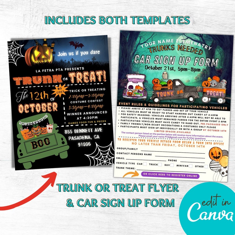 May include: Two Halloween-themed flyers. One is a "Trunk or Treat" event flyer with a pumpkin and spiderwebs. The other is a "Car Sign Up Form" with a truck graphic. Both templates are for October events.