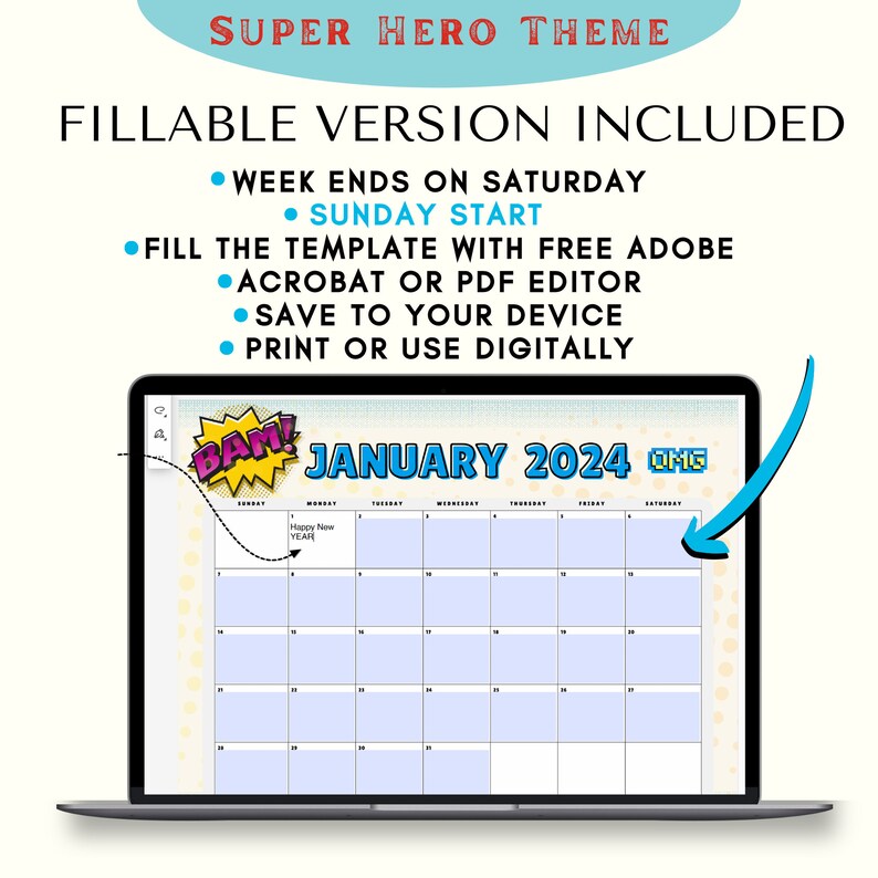 Printable Calendars Printable Kids Super Hero Calendars 2024 - Etsy