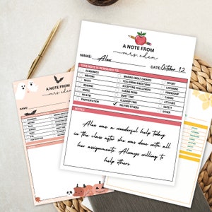 May include: A pink and white printable teacher's note form with a ghost and bat illustration. The form includes a section for the student's name, date, and a list of categories for the teacher to check off. The note reads "A Note From Mrs. Eden".