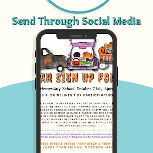 May include: A colorful illustration of a car decorated for Halloween with pumpkins, candy, and a sign that says "Trick or Treat". The text below the image says "Car Sign Up Form Elementary School October 21st, 5pm S & Guidelines for Participating".