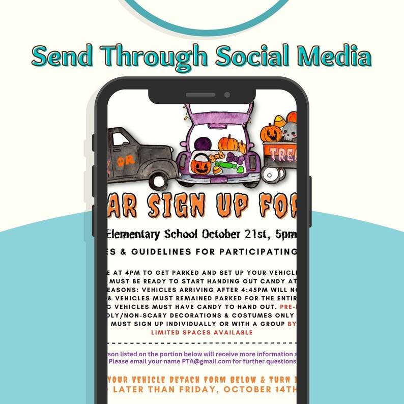 May include: A colorful illustration of a car decorated for Halloween with pumpkins, candy, and a sign that says "Trick or Treat". The text below the image says "Car Sign Up Form Elementary School October 21st, 5pm S & Guidelines for Participating".