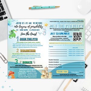 May include: A colorful flyer with a cartoon dragon and a castle, promoting a school's Parent Teacher Organization (PTO). The flyer encourages parents to join the PTO, volunteer, and donate. It includes a membership form with a QR code and a section for contact information.