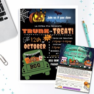 May include: A Halloween event poster and car sign-up form. The poster advertises a "Trunk or Treat" event on October 12th, with a pumpkin graphic and the phrase "Join us if you dare." The sign-up form is for a car trunk event on October 21st.