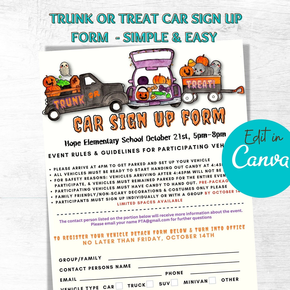 Trunk or Treat Sign Up, Editable in Canva Template, Digital Download Trunk or Treat Sign Up, Editable in Canva Template, Digital Download