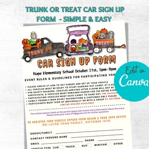 May include: A printable sign-up form for a Trunk or Treat event at Hope Elementary School on October 21st from 5pm to 8pm. The form includes event rules and guidelines for participating vehicles, a contact person's name, email, and phone number, and a section for vehicle type.