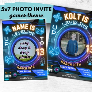 May include: A blue and purple gamer themed birthday invitation with a neon glow. The invitation says "[Name] is Leveling Up to 13" and has a space to add a photo. The invitation is for a party at a gamer arcade on March 10th from 5-7 PM.