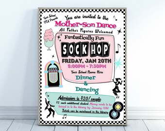 EDITABLE Mother & Son Dance Invitation Flyer, 50&#39;s Sock Hop Theme, Printable Handout, Valentines&#39;s Day Dance, PTO Edit In Canva