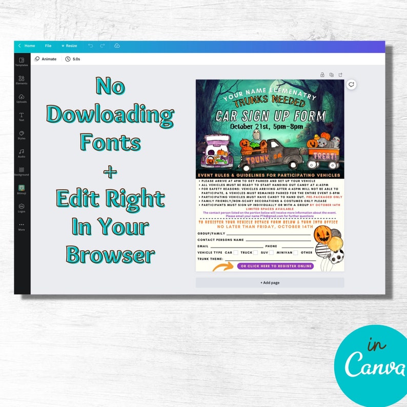 May include: Digital poster for a Trunk or Treat event, with a forest backdrop and images of decorated vehicles. Text includes event details, rules, and a registration form. The design was created using Canva.