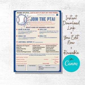 PTA PTO Membership Flyer Editable Form, Hit It Out Of The Park Theme, Printable Handout, School Fundraiser Event, Donate Volunteer Flyer