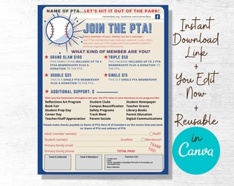 PTA PTO Membership Flyer Editable Form, Hit It Out Of The Park Theme, Printable Handout, School Fundraiser Event, Donate Volunteer Flyer