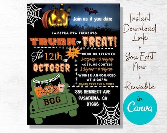 PTA PTO Trunk or Treat Editable Flyer, Halloween Template Theme Ready, Printable Handout, School Fundraiser Event, Edit Instantly With Canva