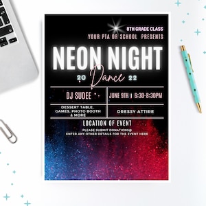 May include: Neon Night Dance poster with a black background and a red and blue glitter effect. The text reads "Neon Night Dance 2022" with a pink "Dance" and a white neon effect. The poster also includes the date and time of the event, the DJ's name, and the dress code.