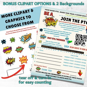 May include: A colorful printable flyer with a superhero theme. The flyer is for a Parent Teacher Association (PTA) membership drive. The flyer includes a QR code, a sign-up form, and a tear-off section for easy counting. The text on the flyer reads "Join the PTA" and "Just $10/Member".