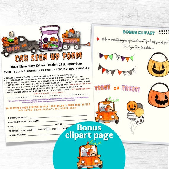 Trunk Or Treat Sign Up, Editable In Canva Template, Digital Download, Volunteer Sign Up Sheet, Halloween Event Flyer, PTO Printable Flyers