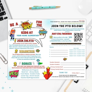 PTO Membership Flyer Editable PTA Form, Super Hero Theme Ready, Printable Information Flyer, Brochure Template, Membership Drive, Fundraiser