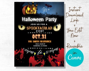 Editable Scary Halloween Party Invitation, Digital Spootacular Party Invite, Haunted House, Block Party Scary Maze Printable, Customizable