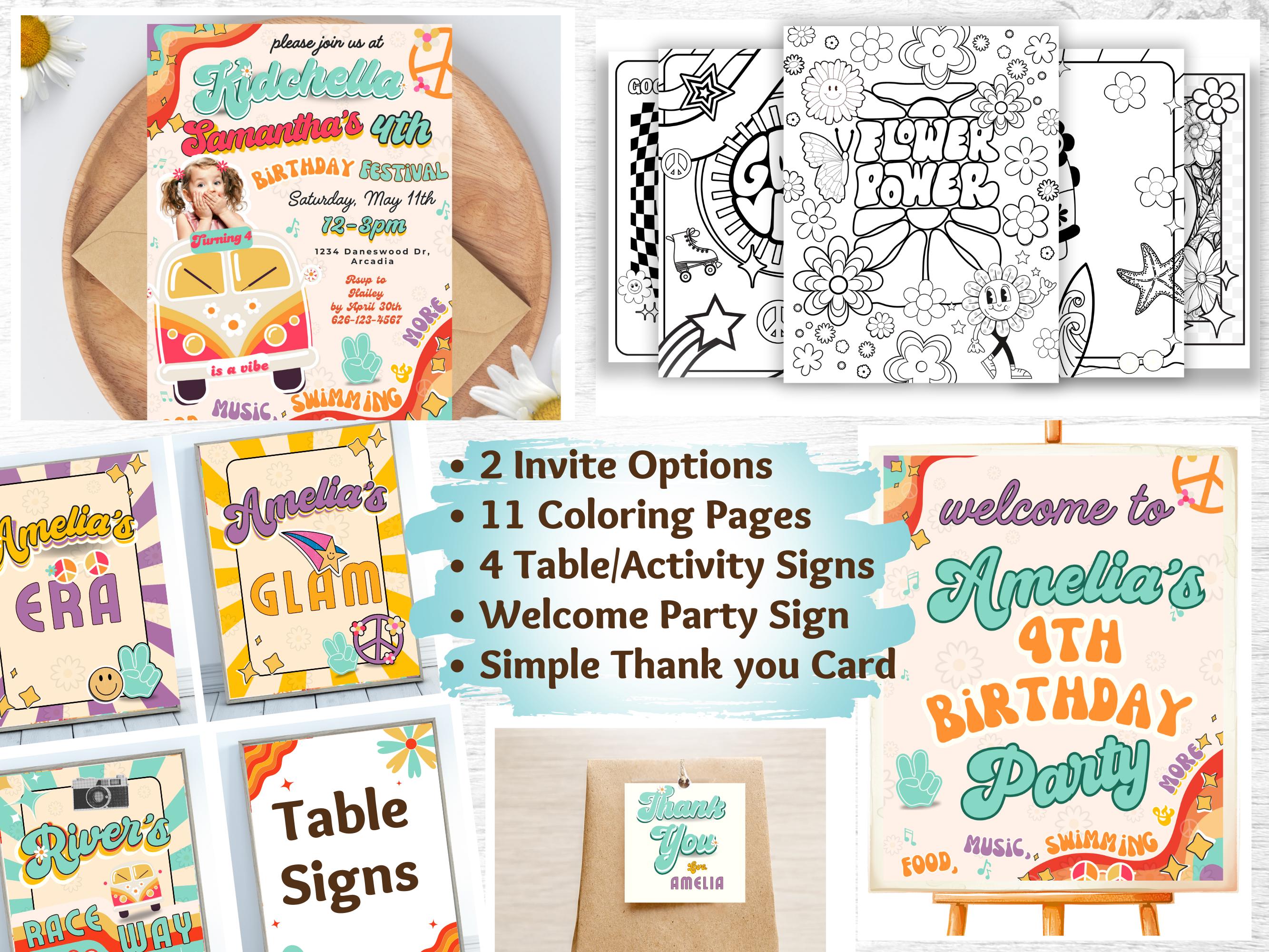 Editable Retro Groovy Peace Birthday Invitation BUNDLE, Personalized ...
