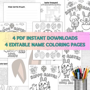 Puede incluir: Cuatro p&aacute;ginas para colorear de Pascua imprimibles con conejos, huevos y el texto "Feliz Pascua". Las p&aacute;ginas son editables e incluyen espacio para un nombre. Las p&aacute;ginas est&aacute;n disponibles para descarga instant&aacute;nea.
