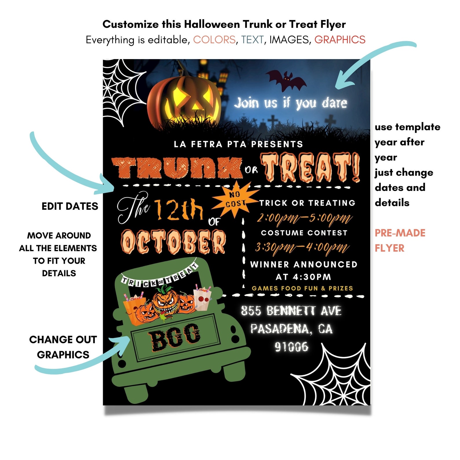 PTA PTO Trunk or Treat Editable Flyer, Halloween Template Theme Ready ...