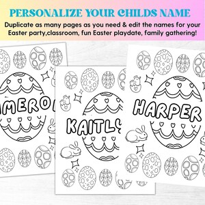 Puede incluir: P&aacute;ginas para colorear imprimibles en blanco y negro con huevos de Pascua con diferentes patrones y dise&ntilde;os. Las p&aacute;ginas incluyen los nombres "Harper", "Kaitly" y "Mero" escritos dentro de los huevos.