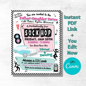 Inbjudan till far-dotter-dans för föräldraföreningen, redigerbar blankett, 50-tals Sock Hop-tema, utskrivbart utdelningsblad, skolinsamlingsevenemang, föräldraförenings redigering i Canva