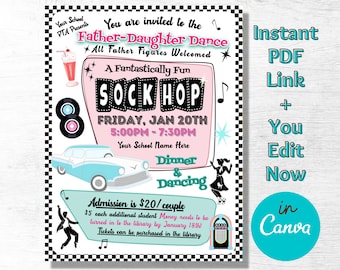 PTA Father Daughter Dance Invitation, Editable Form, 50&#39;s Sock Hop Theme, Printable Handout, School Fundraiser Event, PTO Edit In Canva