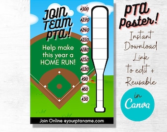 PTA PTO Membership Editable Poster, Baseball Bat Thermometer Tracker, Hit It Out Of The Park Theme,  24x36 inches Poster, School Fundraiser