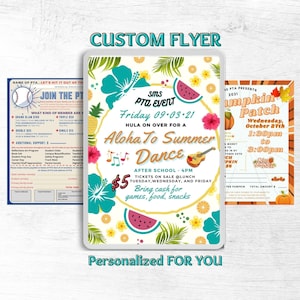 May include: Two colorful flyers for school events. The first flyer is for a "Aloha To Summer Dance" on Friday, September 3rd, 2021, at 4pm. The flyer features a watermelon, a pineapple, and a ukulele. The second flyer is for a "Pumpkin Patch" event on Wednesday, October 27th, from 1:30pm to 3:00pm. The flyer features a pumpkin, a peach, and fall leaves.