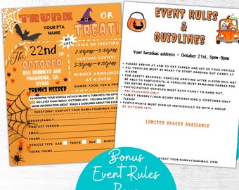 Trunk Or Treat Flyer Template Tear Off Form, Car Sign Up Sheet, Event Rules Printable, Edit In Canva, School Event, Elementary School PTO