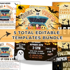 Könnte beinhalten: Fünf druckbare Halloween-Event-Vorlagen in den Farben Orange, Schwarz und Weiß. Die Vorlagen zeigen einen Kofferraum voller Süßigkeiten, ein Gespenst und einen Kürbis-Schnitzwettbewerb. Der Text auf den Vorlagen lautet "Trunk or Treat", "Kürbis-Schnitzwettbewerb" und "Halloween-Dekorationswettbewerb".