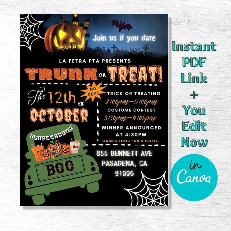 May include: A Halloween poster with a black background. It features a glowing pumpkin, a bat, and the text "TRUNK OR TREAT!" The poster includes event details, date, time, and location in Pasadena, CA.