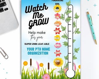PTA PTO Membership Editable Poster, Thermometer Tracker, Watch Me Grow Flowers & Plants Theme  24x36 inches Poster, School Fundraiser