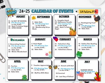 Calendarios imprimibles anuales editables de la PTO y la PTA, regreso a clases, calendario escolar sin fecha, temática de superhéroes, calendario de eventos (editable en Canva)