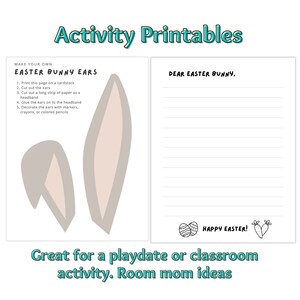 Puede incluir: Actividad de manualidades de orejas de conejo de Pascua imprimibles para ni&ntilde;os. Incluye instrucciones para cortar las orejas, la diadema y decorar con marcadores, crayones o l&aacute;pices de colores. Tambi&eacute;n incluye una carta en blanco para el conejito de Pascua.